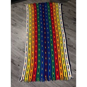Vintage‎ Large Crochet Blanket Afghan Throw Multi Color Rainbow Stripe .